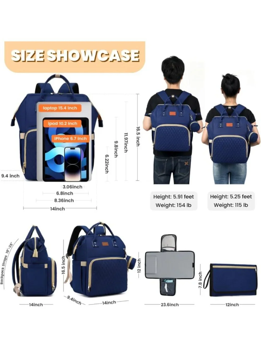 Stylish Waterproof Diaper Bag Backpack with Changing Pad & Pacifier Case - Large